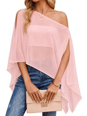 Women's Pink Off Shoulder Chiffon Batwing Slit Sleeve Sheer Loose Blouse